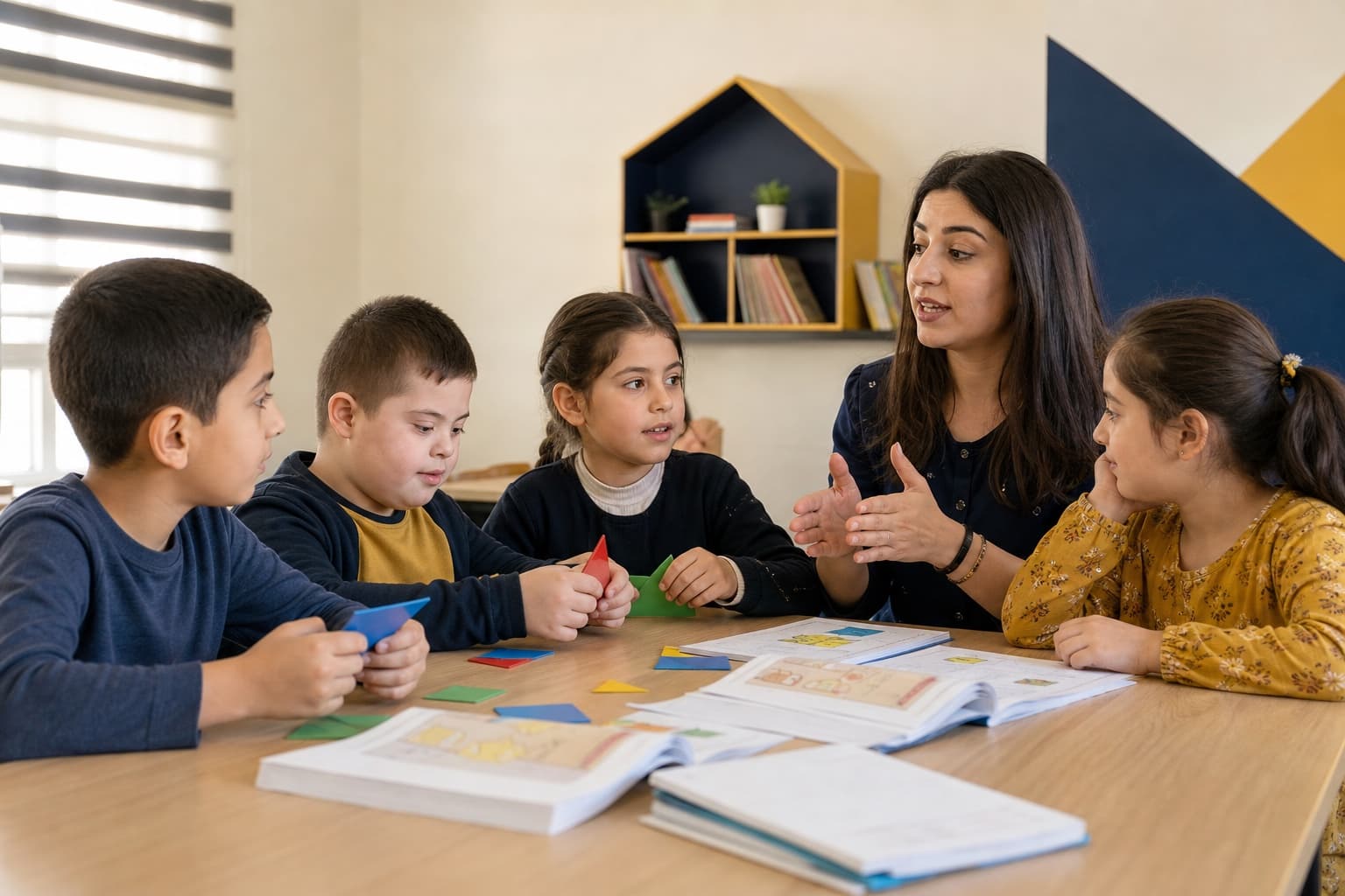A Kurdish child with Down syndrome takes part in a classroom activity alongside classmates.